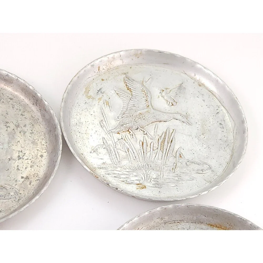 Vintage Stamped Aluminum Coasters Set of 4 Flying Mallard Ducks Marsh Cabin MCM